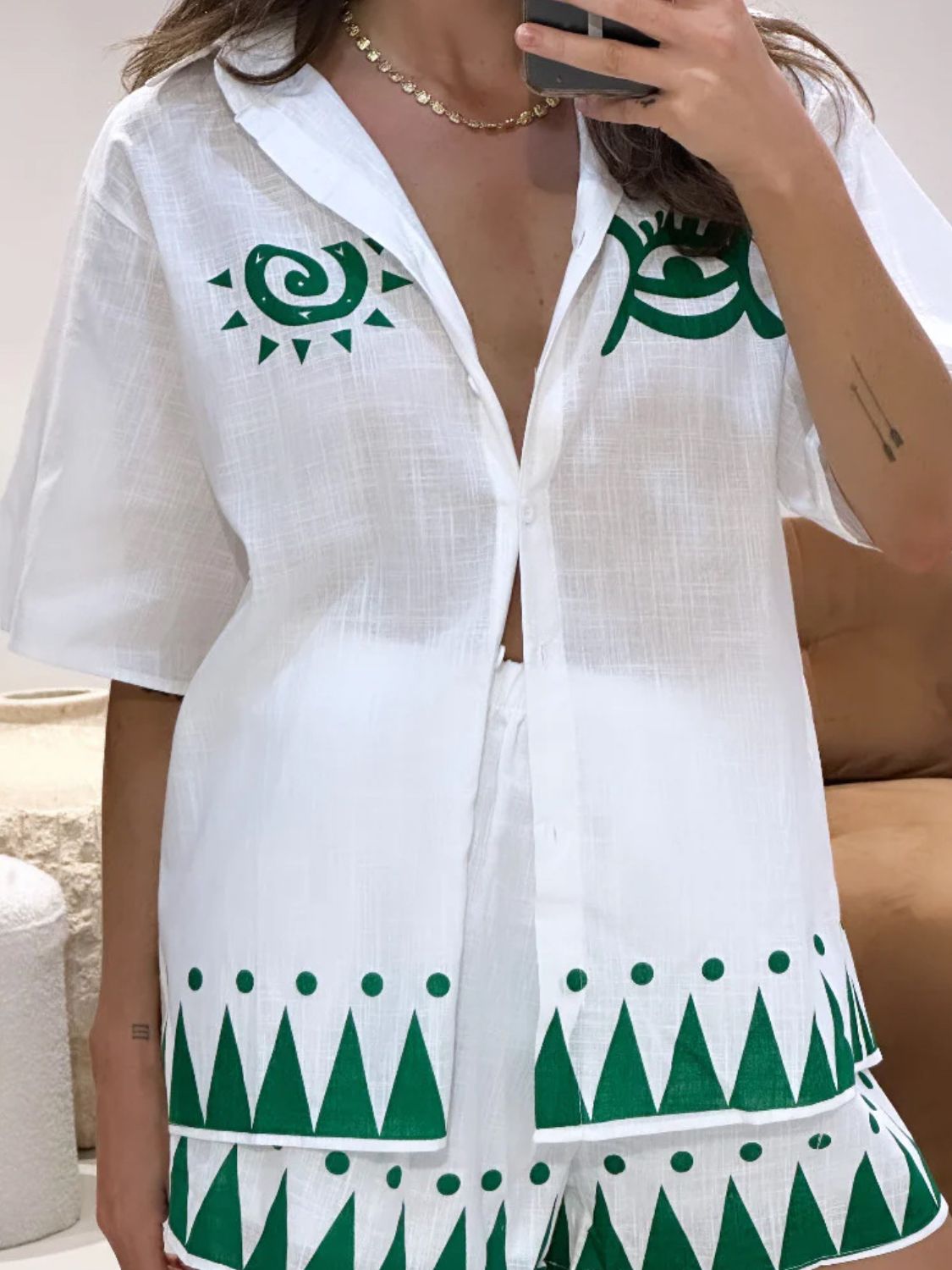 Printed Button Down Shirt and Shorts Set - felvior