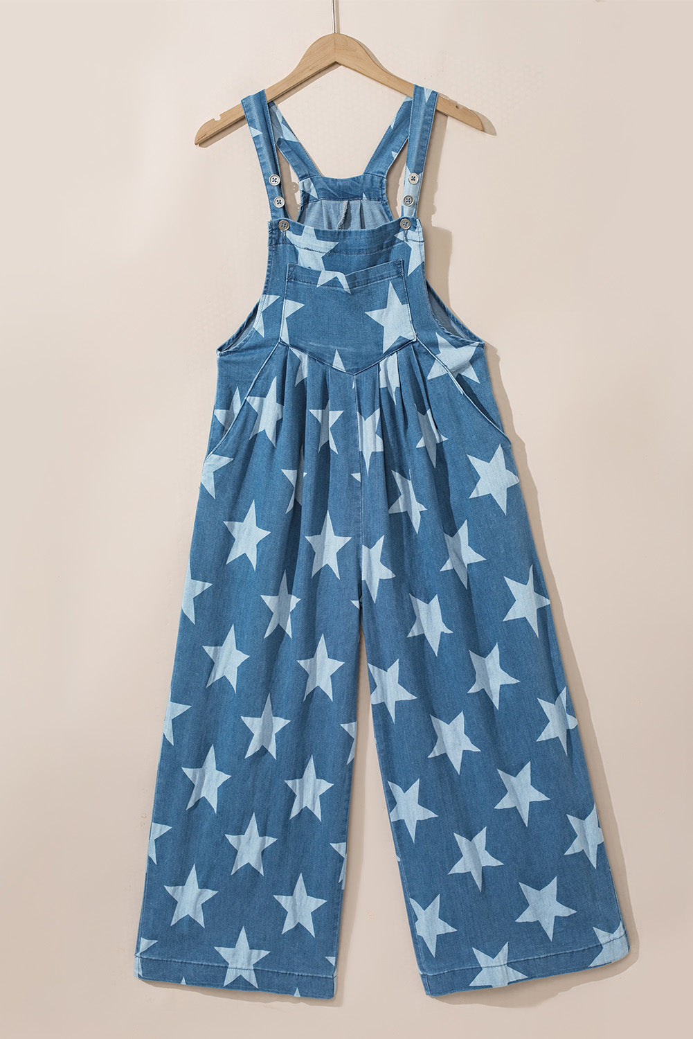 Star Print Buttoned Strap Wide Leg Denim Overalls - felvior