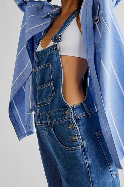 Wide Strap Square Neck Denim Overalls - felvior