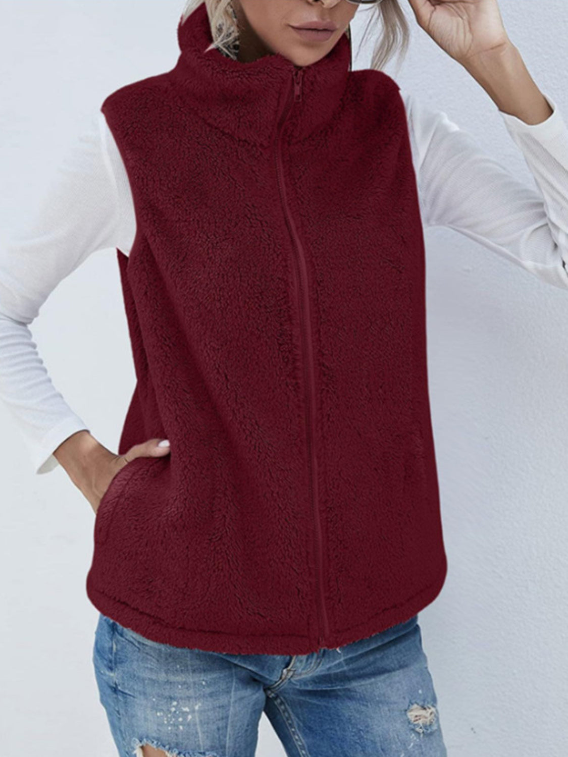 Full Size Fuzzy Zip Up Vest Coat with Pockets - felvior