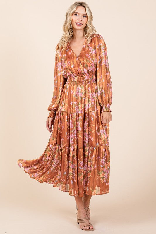 Mittoshop Flower Print Satin Lurex Stripe Smocked Midi Dress - felvior