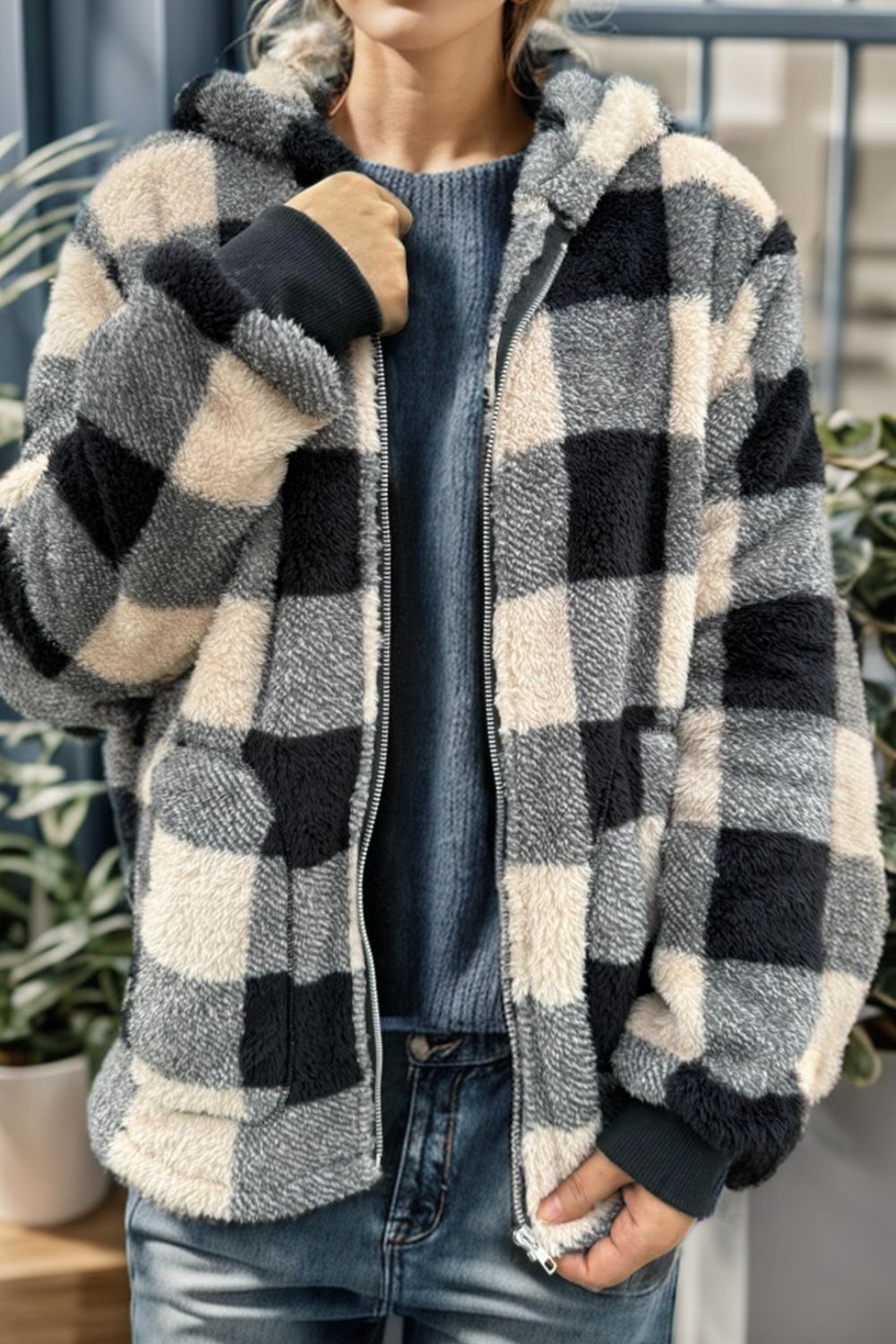Double Take Full Size Plaid Long Sleeve Hooded Coat - felvior