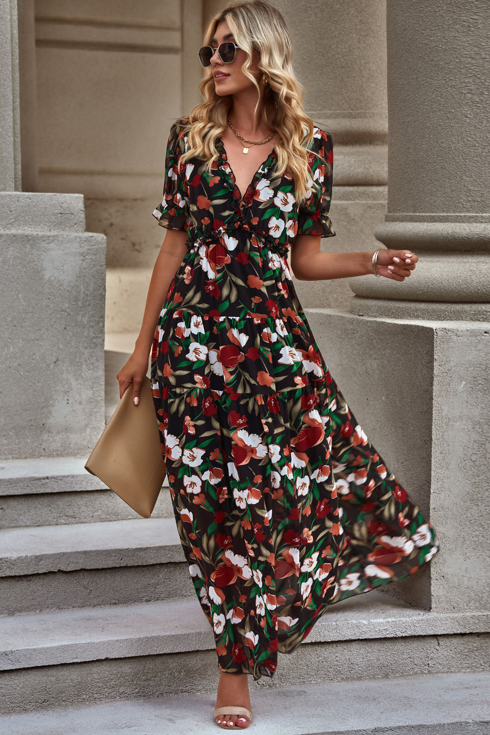 Floral V-Neck Short Flounce Sleeve Dress - felvior