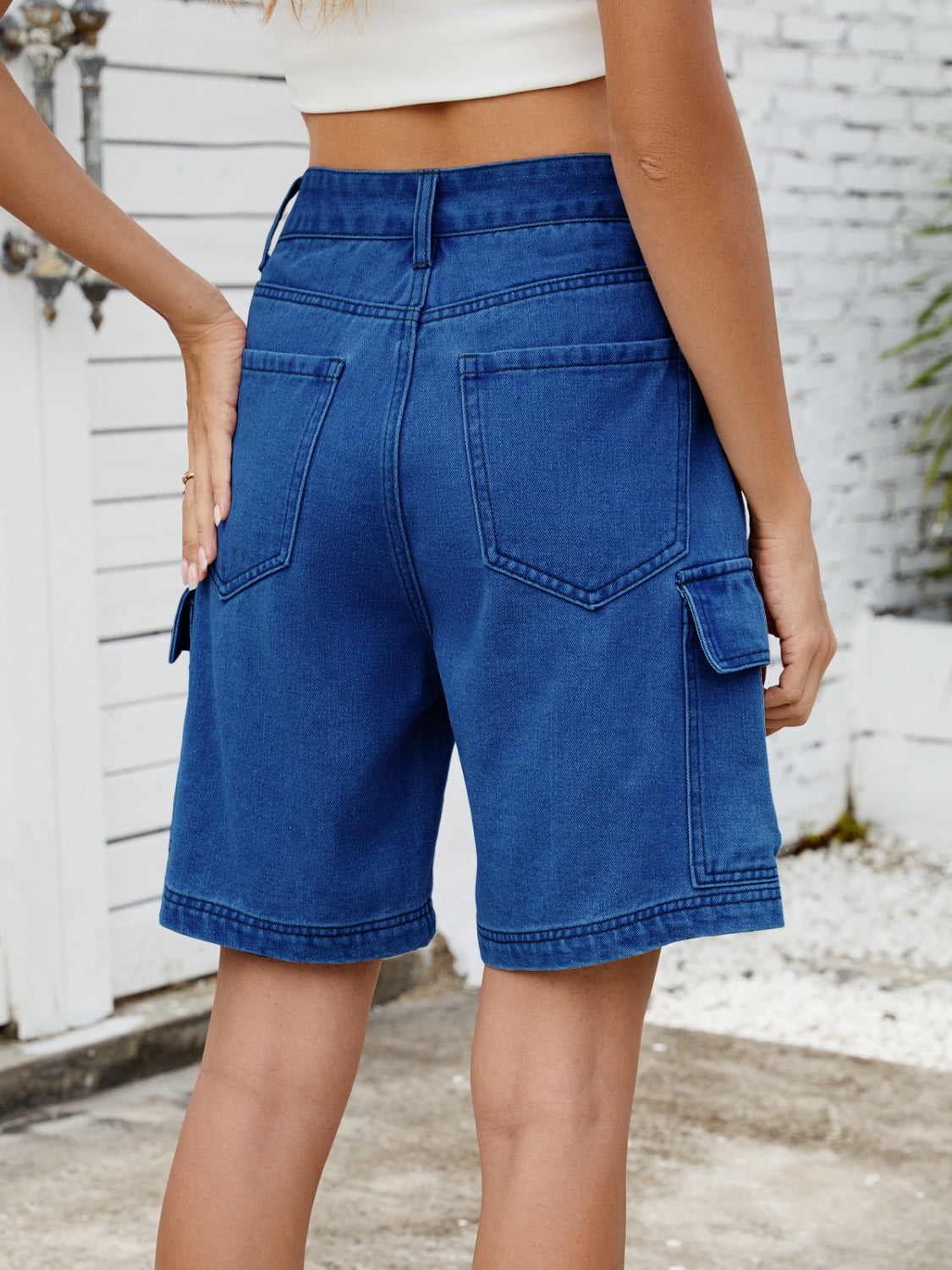 High Waist Denim Shorts with Cargo Pockets - felvior