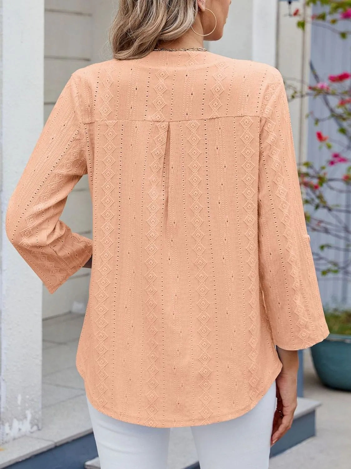 Eyelet Notched Roll-Tab Sleeve Top