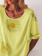 Full Size Flower Round Neck Half Sleeve T-Shirt Plus Size