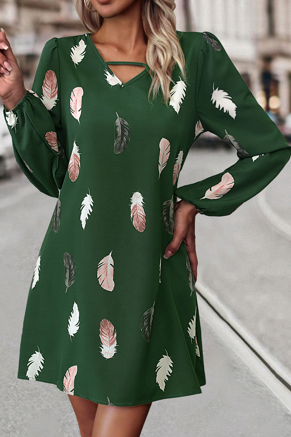 Feather Print V-Neck Dress - felvior