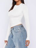 Ruched Asymmetrical Neck Long Sleeve T-Shirt - felvior