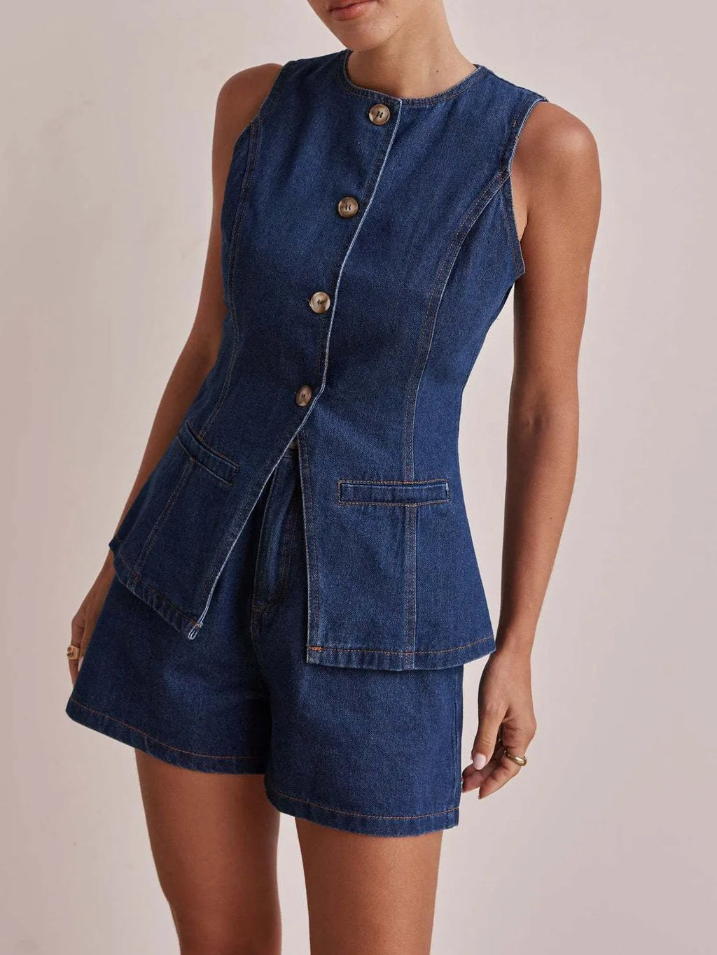 Button Down Vest and Shorts Denim Set