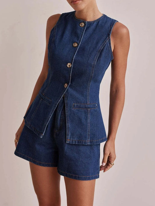 Button Down Vest and Shorts Denim Set - felvior