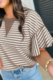 Contrast Striped Ruffle Short Sleeve Top - felvior