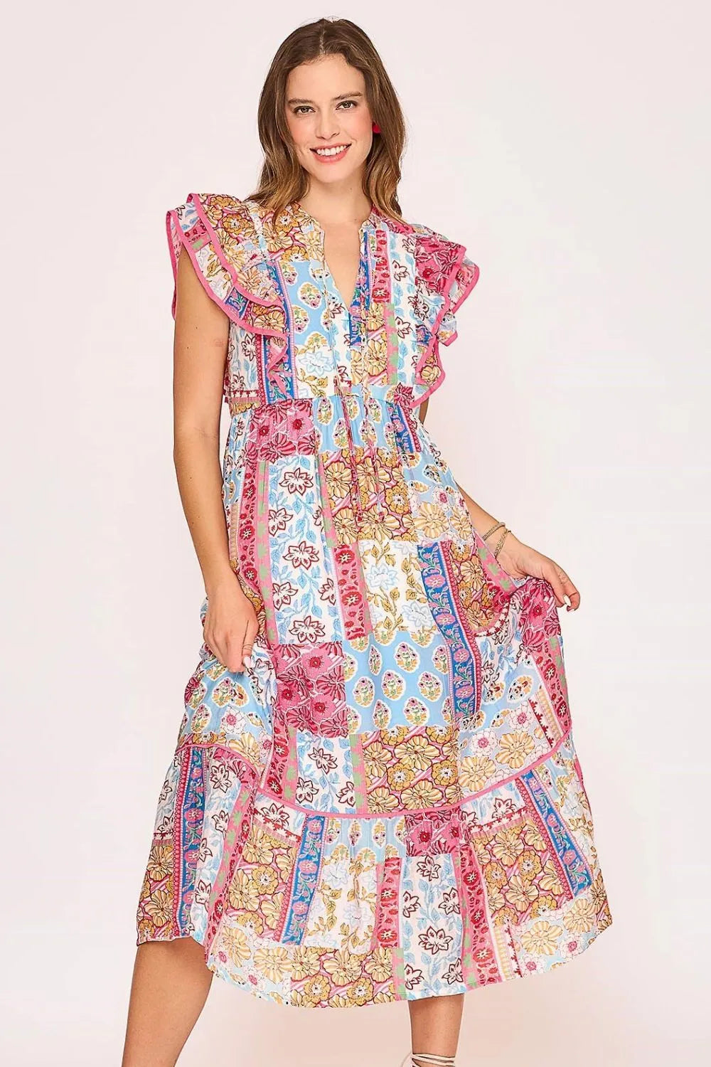 Umgee Full Size Tie Neck Double Layered Ruffle Sleeve Midi Dress Plus Size