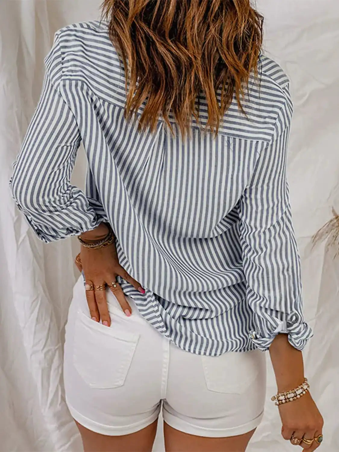 Devine Striped Collared Neck Long Sleeve Shirt - felvior