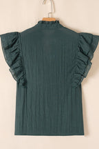 Frilled Notched Ruffled Cap Sleeve Blouse