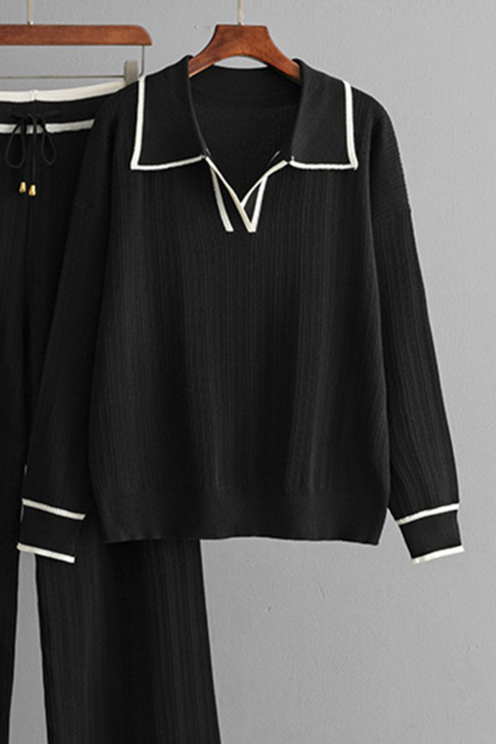 Contrast Trim Johnny Collar Top and Drawstring Pants Sweater Set - felvior