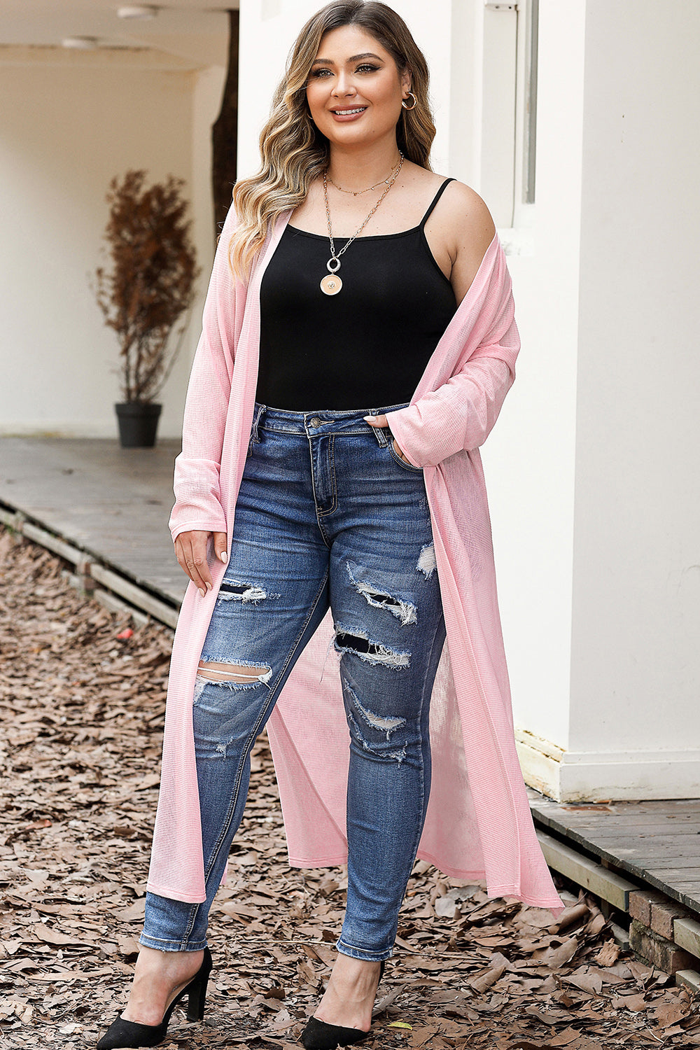 Open Front Long Sleeves Slit Cardigan - felvior