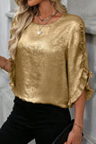 Metallic Luster Round Neck Frill 3/4 Sleeve Blouse - felvior