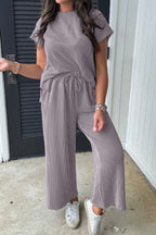 Corded Knit Short Sleeve T-Shirt and Wide Leg Pants Set