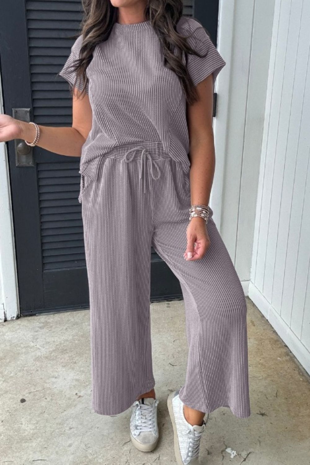 Corded Knit Short Sleeve T-Shirt and Wide Leg Pants Set