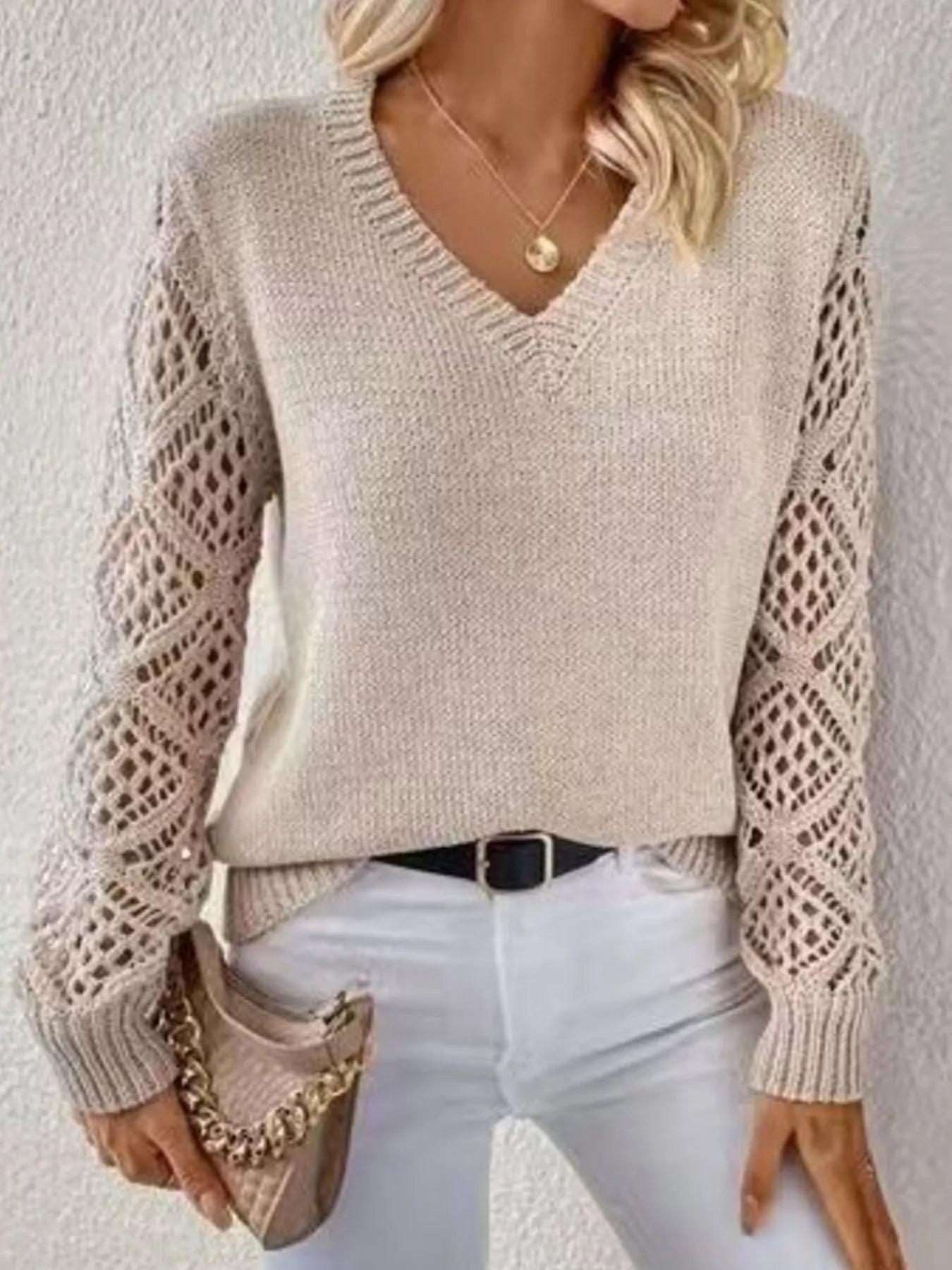V-Neck Hollow-Out Sleeve Knit Sweater Secondary image
