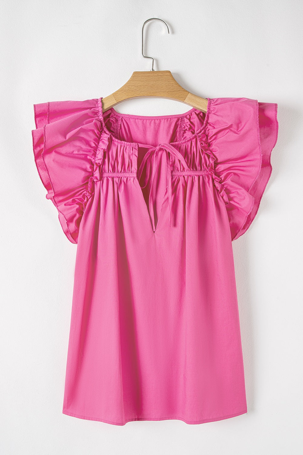 Shirred Tie Neck Ruffled Cap Sleeve Blouse - felvior