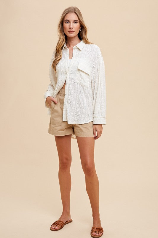 Annie Wear Openwork Button Down Drop Shoulder Shirt - felvior