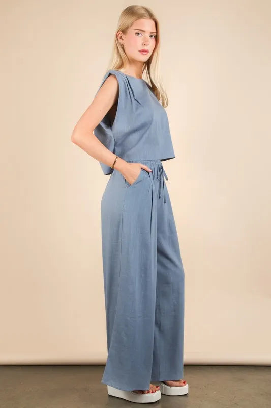 VERY J Solid Woven Top & Pants Set