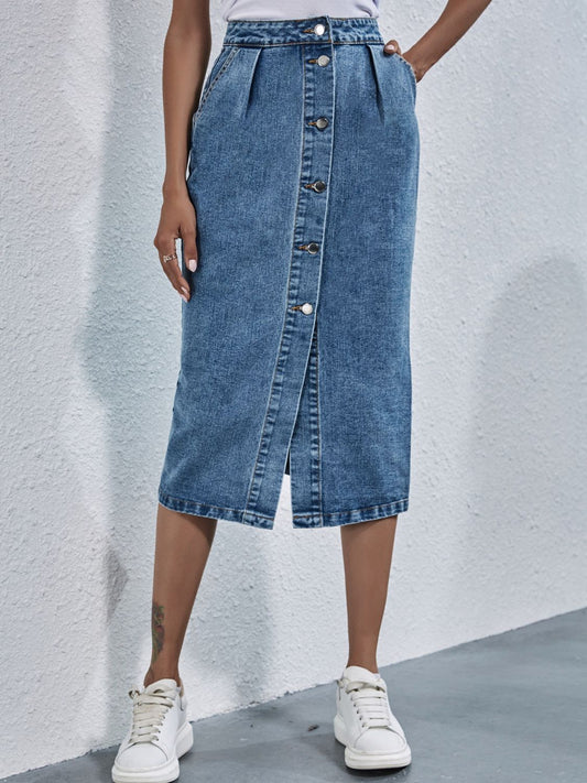 Buttoned Denim Skirt with Pockets - felvior