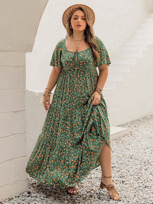 Plus Size Printed Short Sleeve Tiered Maxi Dress - felvior