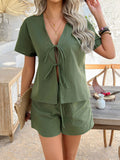 Devine Tied V-Neck Short Sleeve Top and Shorts Set - felvior