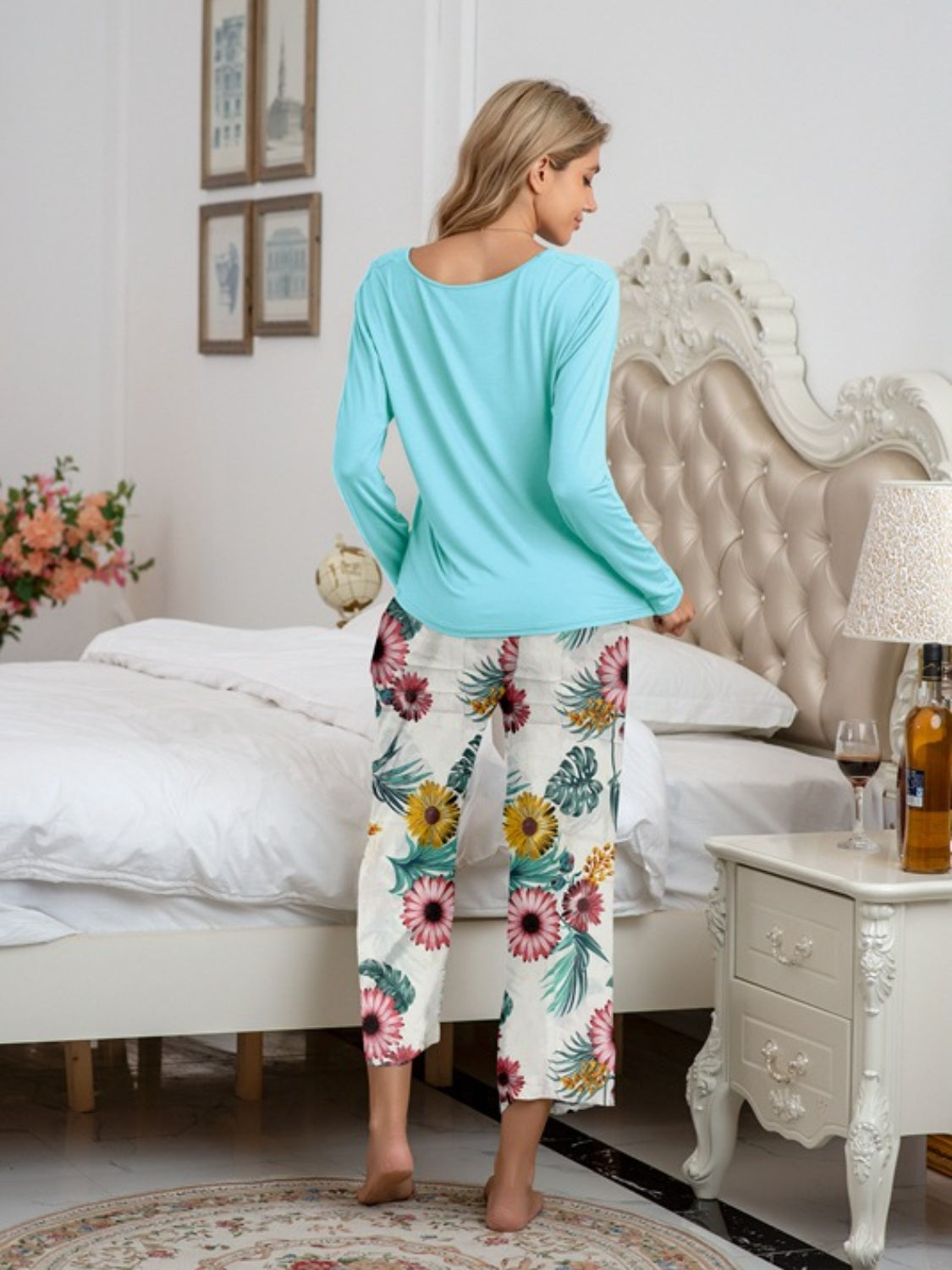 Round Neck Top and Printed Pants Lounge Set - felvior