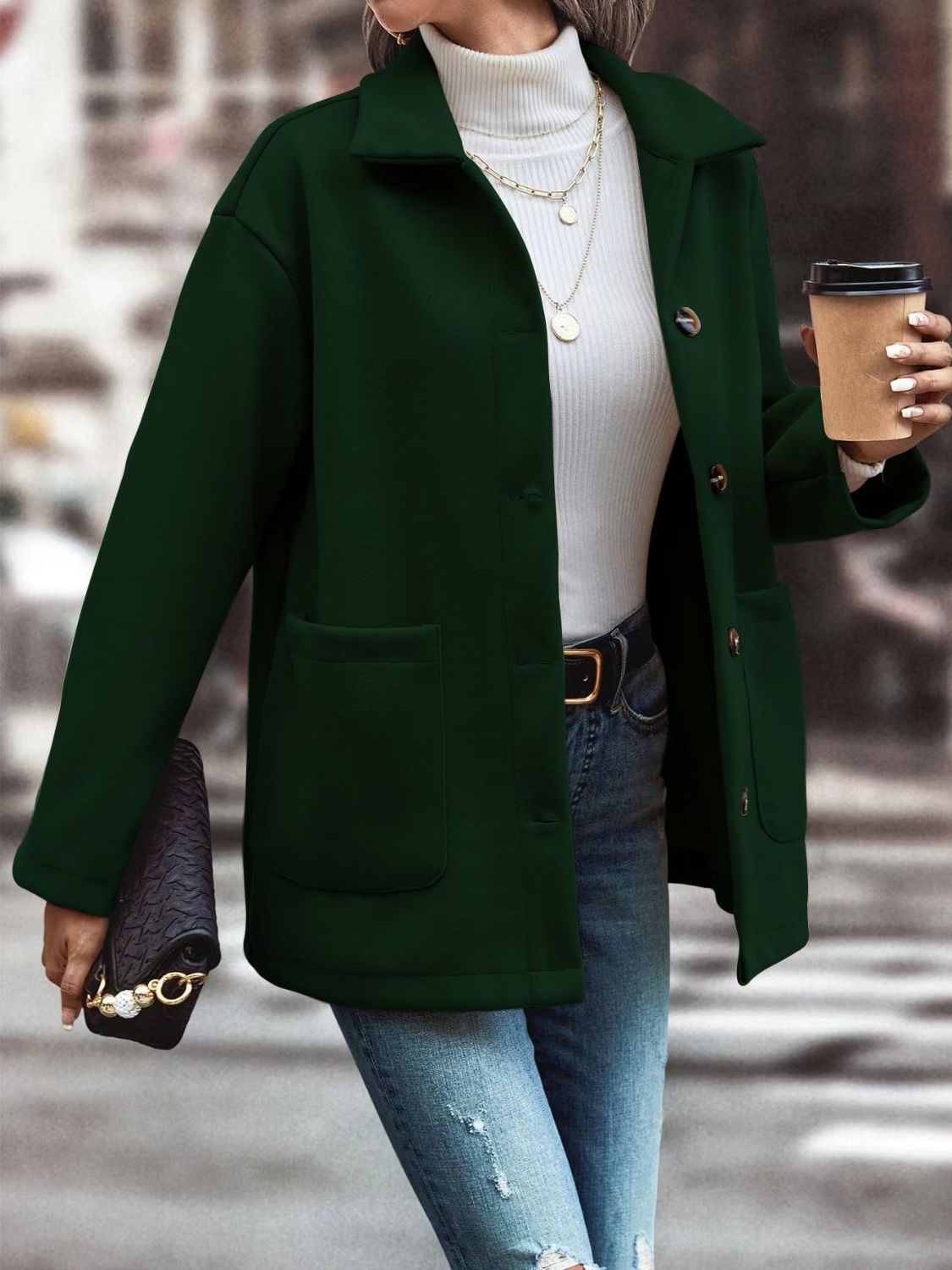 Pocketed Collared Neck Button Up Jacket - felvior