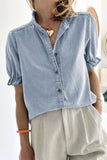 Ruffle Short Puff Sleeve Button Down Denim Shirt - felvior