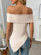 Ribbed Off-Shoulder Asymmetrical Hem T-Shirt