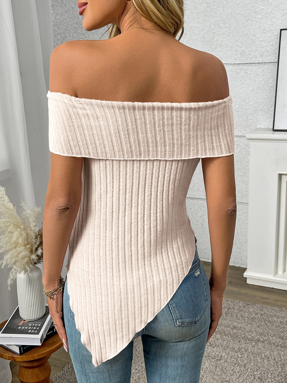 Ribbed Off-Shoulder Asymmetrical Hem T-Shirt
