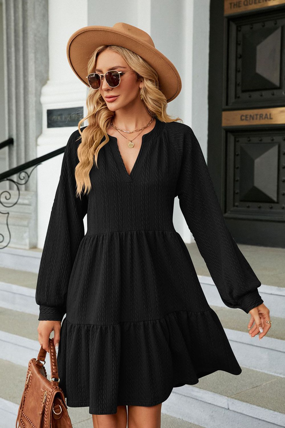 Notched Neck Long Sleeve Mini Dress - felvior