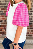 Round Neck Contrast Tweed Puff Sleeve Top - felvior