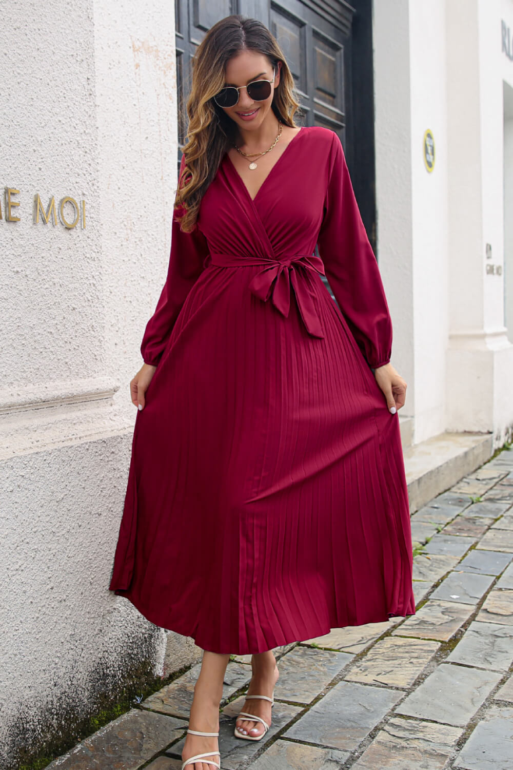 Pleated Long Sleeve Surplice Maxi Dress - felvior