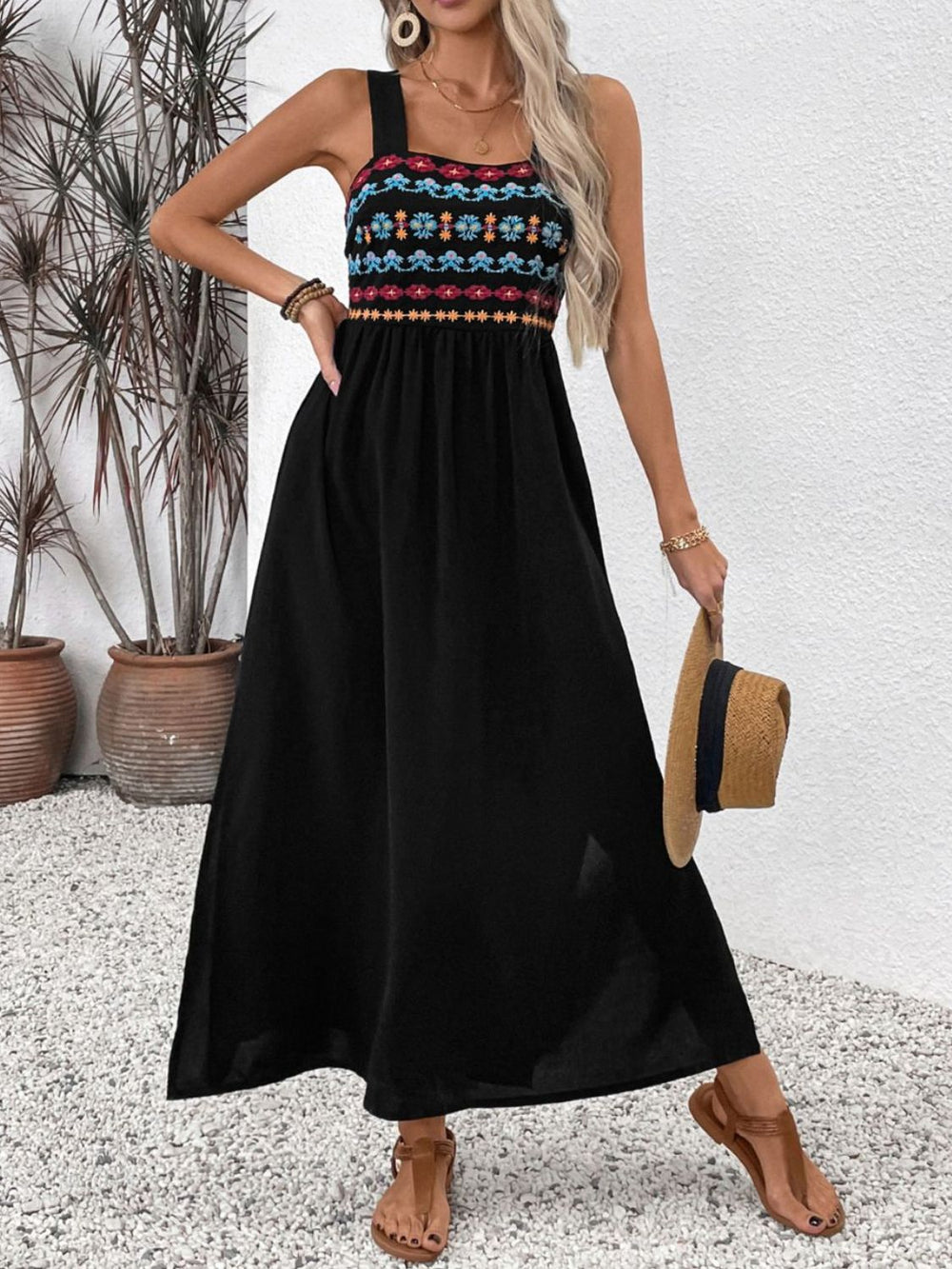 Perfee Embroidered Floral Side Slit Sleeveless Midi Dress