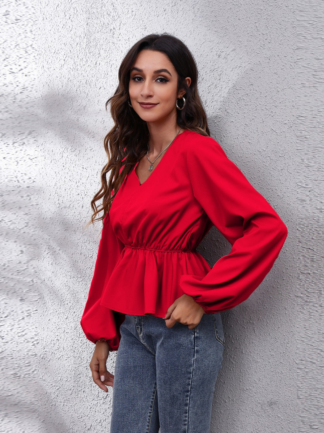 V-Neck Balloon Sleeve Peplum Blouse - felvior