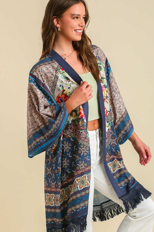 Umgee Full Size Fringe Hem Open Front Printed Kimono Sleeve Cover-Up Plus Size - felvior