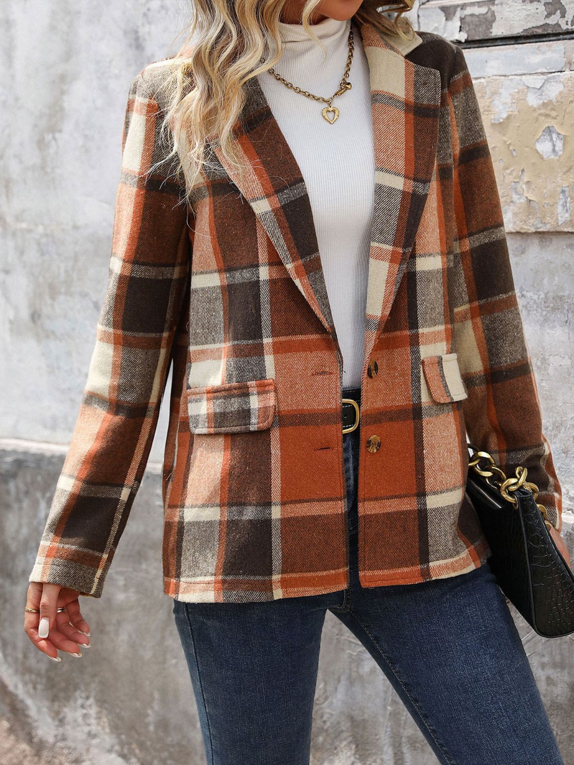 Perfee Plaid Button Down Lapel Collar Blazer - felvior