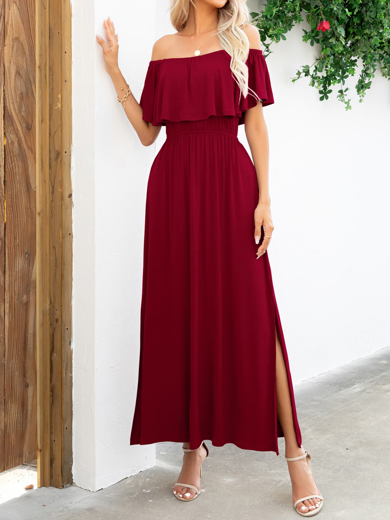 Off-Shoulder Slit Maxi Dress - felvior