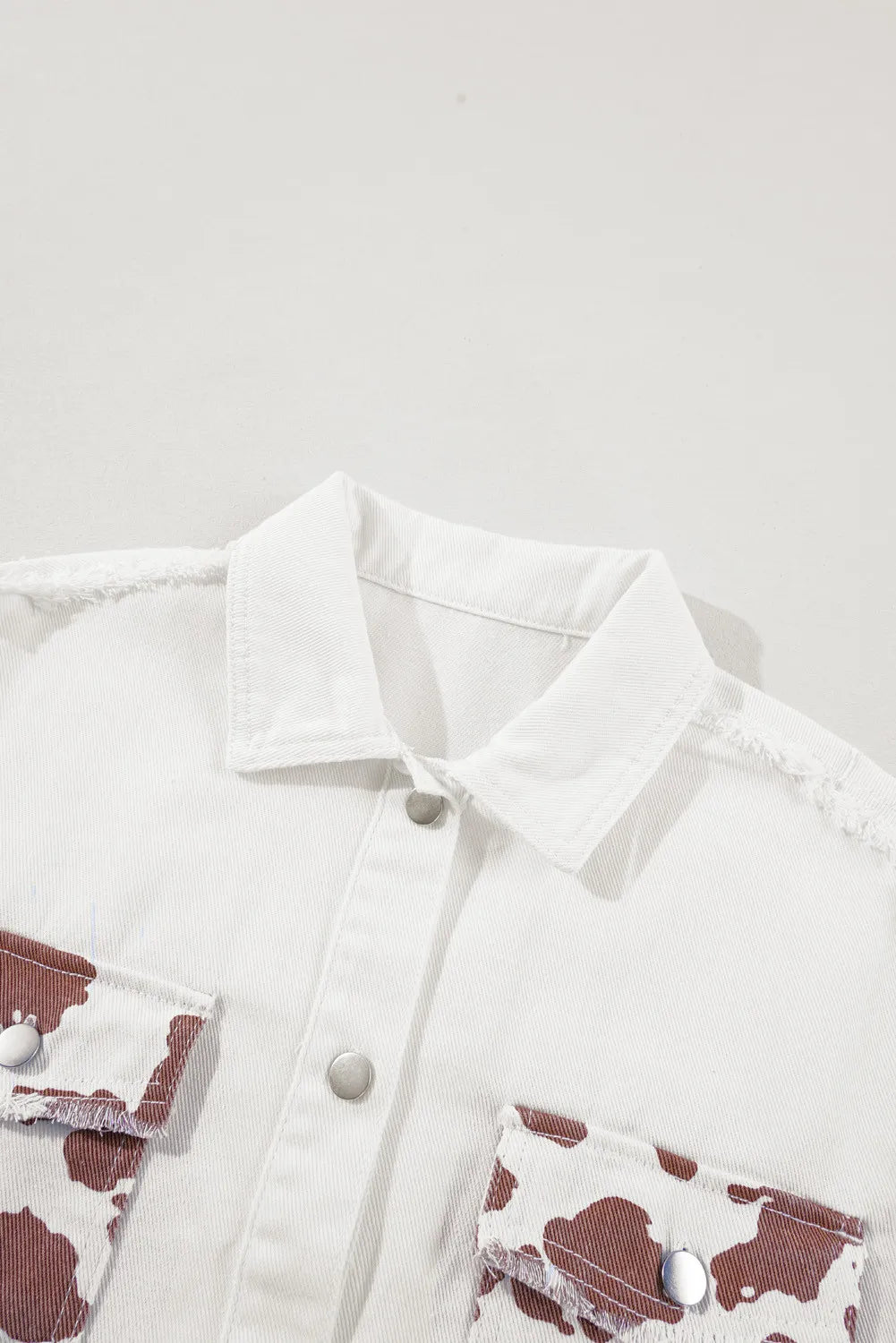 Raw Hem Animal Print Long Sleeve Denim Jacket - felvior