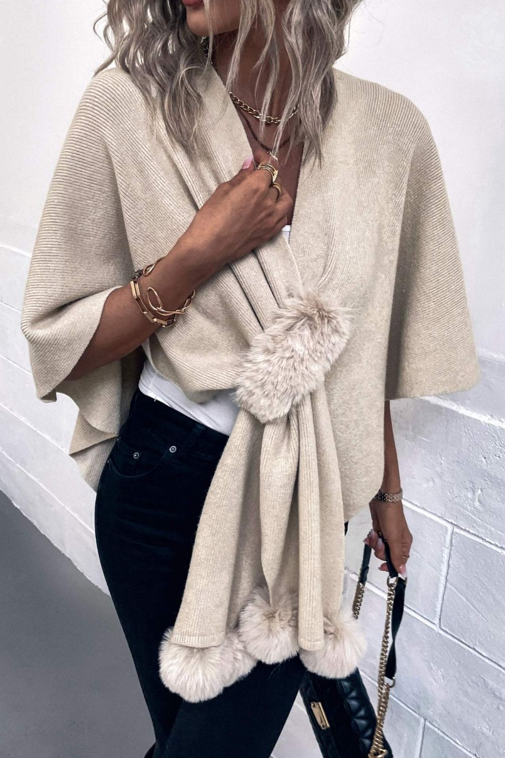 Surplice Neck Pom-Pom Trim Poncho - felvior