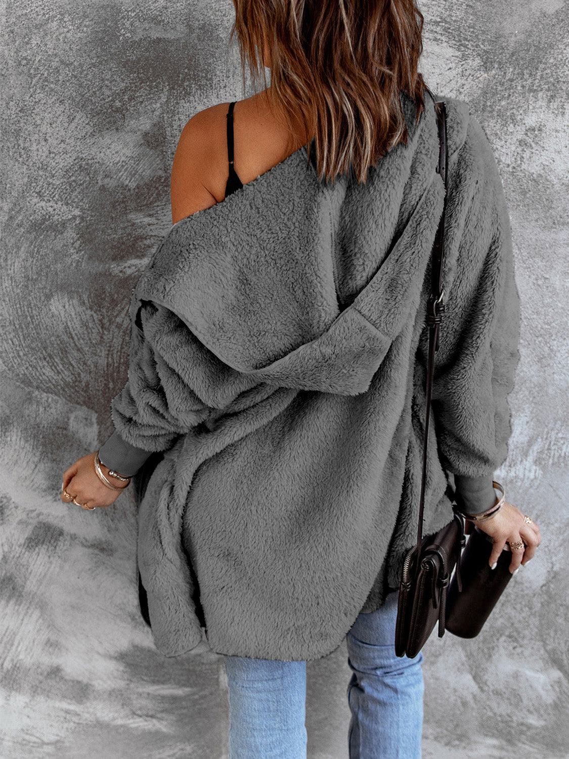 Open Front Hooded Faux Fur Outwear with Pockets - felvior