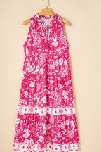 Floral Sleeveless Tasseled Tie Neck Tiered Midi Dress