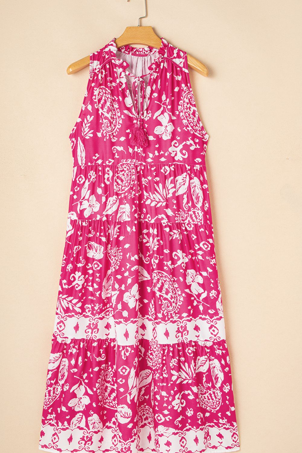 Floral Sleeveless Tasseled Tie Neck Tiered Midi Dress