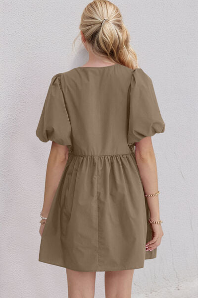 Oh Bow Ruched Puff Sleeve Mini Dress - felvior