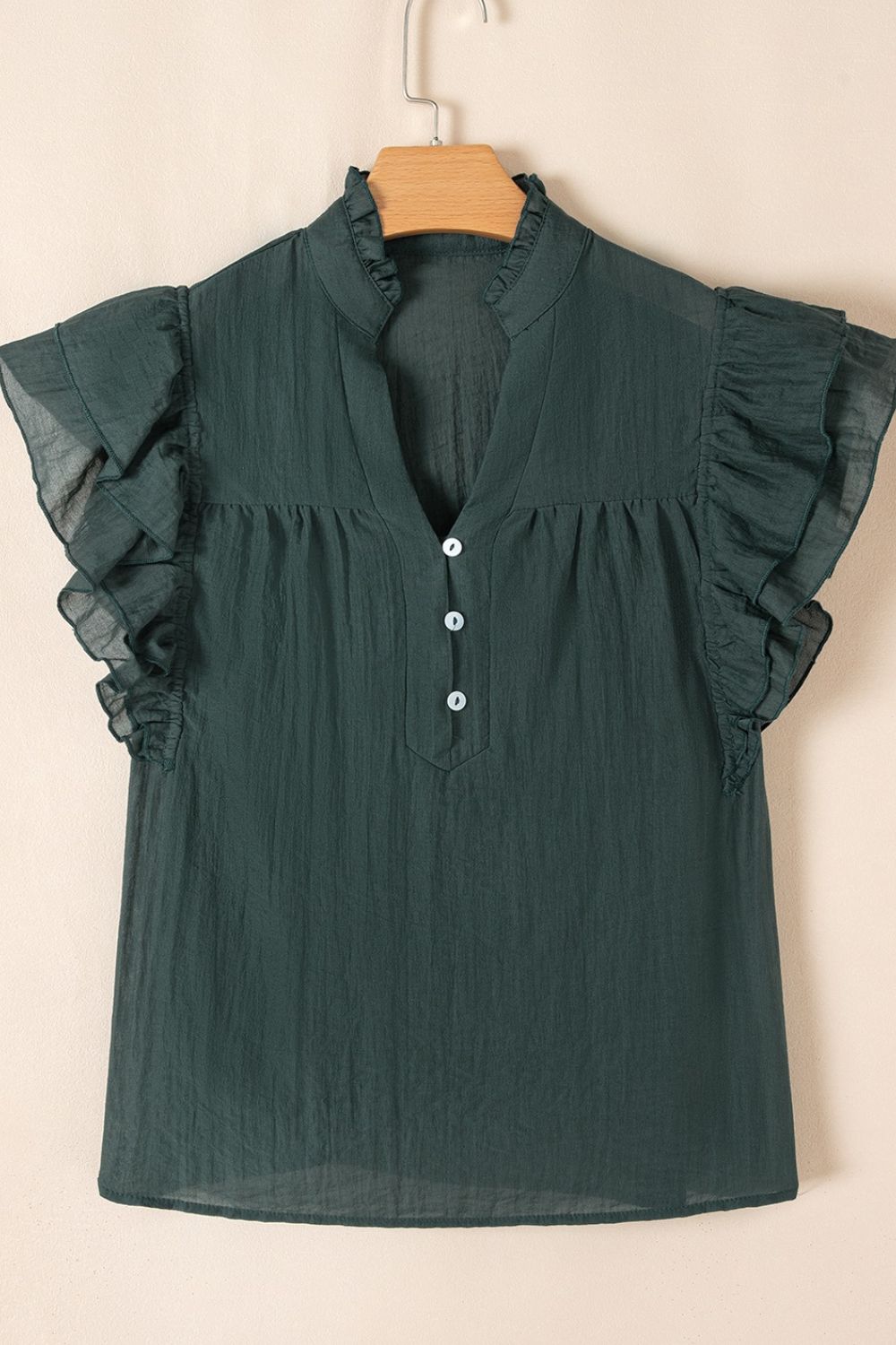 Frilled Notched Ruffled Cap Sleeve Blouse